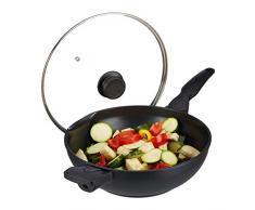 Relaxdays Wokpfanne mit Glasdeckel 30 cm, Wok mit Antihaftbeschichtung für Gas-, Elektroherd, Griff, 4 Liter, schwarz