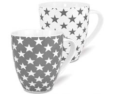 MC-Trend 2er Set XL Jumbo Grosse Becher Tassen in Weiß und grau mit Sternen aus Porzellan Füllmenge 600ml Höhe 12cm Büro Küche Schreibtisch