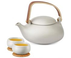ZENS Teeservice Porzellan mit Teekanne, Japanische Grau Keramik Teapot mit Sieb für Losen Tee, 800ml Matt Chinesisch kanne und 2 Tasse Set mit Modern Bugholz Griff & Rattan-Untersetzer