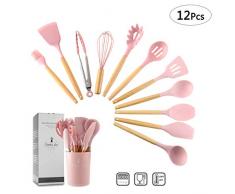ZCOINS 11 + 1 PC Silikon Kochutensilien-Set mit Holzgriffen und Halterung, Küchenhelfer-Set, Geschenk (Rosa)