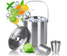 MVPower eiswürfelbehälter mit Deckel, Eiskübel Edelstahl, Eisbehälter mit Edelstahlbecher, 2.5L Größere Kapazität Doppelstöckiger Eiseimer für besonders Lange Kühlung (Silber)