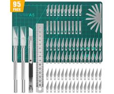 Lhedon 95 PCS Precision Carving Craft Hobby Messer Kit Enthält 82 PCS Ersatzklingen mit 2 Griffen,11 PCS Art Ersatzklingen mit 1 Griffen,1 A5 Schneidebrett,1 Stahllineal für DIY Art Work Cutting