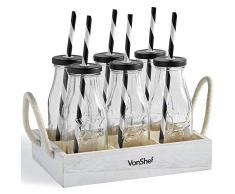 VonShef 6-Teiliges Milchflaschen Glas-Set mit Ständer - Trinkgläser mit Kiste im Vintage Stil - Retro Glasartikel für Gartenparty/BBQ/Picknick/Hochzeiten/Strand Ausflüge & mehr
