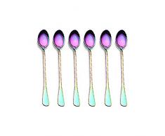 Goodplan Premium-Qualität 6pcs Edelstahl Schillern Regenbogen Kaffeelöffel Rührlöffel Set Lang-Griff Creme Eislöffel Cocktail Rühren Löffel, Multicolor