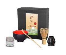 Matcha Komplett Set 5-teilig: Schale schwarz/rot 250ml, Bambuslöffel, Bambusbesen, Besenhalter und 30g Premium Matcha Tee in eleganter Geschenkbox