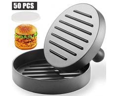 Bugucat Burgerpresse mit 50 Blatt Backpapier, Hamburgerpresse Set für Burger Patties aus Aluguss für leckere Hamburger BBQ mit Antihaftbeschichtung Frikadellen Grillzubehör 11cm Durchmesser