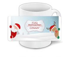Weihnachts-Tasse mit Namen Connor und schönem Weihnachtsmotiv mit Weihnachtsmann, Rentier und Schneelandschaft