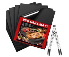 BBQ Grillmatte Set von 8 - Antihaft Ofen Liner Teflon Kochmatten, Grillplatten,Ideal für Holzkohlegrill,Gasgrill,Elektrogrill (Mit 6 Grill matte+2 Edelstahl Griff Silikon Zange),Wiederverwendbar