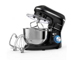 Küchenmaschine Knetmaschine FREIHAFEN 5.5L Reduzierte Geräusche Knetmaschine mit Rührbesen, Knethaken, Schlagbesen, Spritzschutz, 6 Geschwindigkeit mit Edelstahlschüssel Teigmaschin (Schwarz)