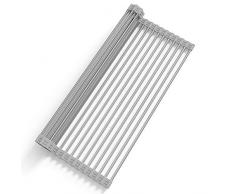 Hisome Aufrollbarer Spülen-Abtropfer, Abtropfgitter Abtropfgestell Multifunktionaler Faltbarer Abtropfgitter, 50 x 33CM Faltbarer Edelstahl für Spültuchhalter, Teller, Tassen, Gemüse (Grau)