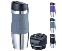 WELLGRO Thermobecher 400 ml + 1 Extradeckel - Edelstahl rostfrei - Silikon Soft-Touch Griffstück - BPA-frei - Isolierbecher doppelwandig - Travel Mug - Kaffeebecher to go, Farbe:Grau