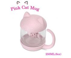 Katzen Glas Tee Becher Wasser Flasche mit Fisch Tee Infuser Sieb Filter 250ML (8OZ) (Rosa)