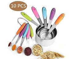 Messbecher und Löffel Edelstahl 10 set - Mopalwin 5 Measuring Cups 5 Messlöffel 2 runden Ringen, mit Silikon Griff und Meßlineal Multifunktions für Küche Kochen Backen