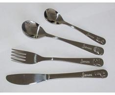 KIDDI-MEDIA Kinderbesteck mit Gravur des Namens/Motiv Zoo (Zootiere) / 4-teilig (alle 4 mit Name graviert) / aus Edelstahl/Gravur in ansprechender Schrift