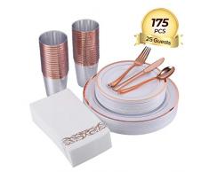 175-teiliges Geschirr-Set, 25 Gäste, 50 Rim Kunststoff-Teller, 25 Kunststoff-Becher, 25 Leinen wie Papierservietten, Focus Line Gold/Rose Gold/Silber Einweg-Geschirr-Set Geschirr in Roségold