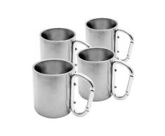 Outdoor Saxx® - 4X Camping-Tasse, Outdoor-Becher, Metall-Becher, 250 ml mit geschraubtem Karabiner-Griff, Edelstahl, Wandern, Trekking, Arbeit, Silber, 4er Set