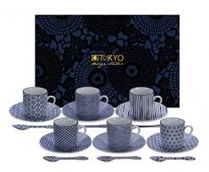 TOKYO design studio Nippon Blue Espresso-Set blau-weiß, 18-TLG, 6X Espresso-Tassen mit Untertassen und Löffeln, asiatisches Porzellan, Japanisches Design, inkl. Geschenk-Verpackung
