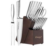 Emojoy Messerblock, 16-TLG Messer Set mit Holzblock, Vollem Edelstahl Küchenmesser, Profi Messerset mit Wetzstahl, Scharf Kochmesser Set, Einteiliger Messerkörper