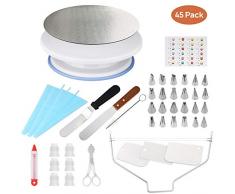 Ommani Tortenplatte Drehbar Kuchen Drehteller, 45 Teiliges Torten Dekoration Set mit 24 Edelstahldüsen, Spritzbeutel, Koppler, Einweg-Spritzbeutel usw, Modellierwerkzeug für Torten Deko Backzubehör