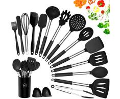 AILUKI Silikon Kochgeschirr Set, Küchengerät 17 Stück Küchenhelfer Set, Antihaft Hitzebeständiger Silikonspatel Set, Küchenutensilien mit Edelstahlgriff Schwarz