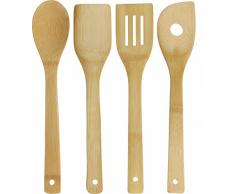 Excellent Houseware Holzlöffel-Set Küchenhelfer-Set Bambus 5-teilig mit Löffel, Palette, Spachtel und Korb