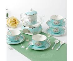 Porzellan Teeservice 8-teilig im Landhausstil für 4 Personen - Türkis - Tasse / Untertasse / Glaskanne / Sieb / Löffel / Stövchen