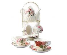 9 Stück Weiß Englisch Keramik Tee Set Mit Metall Ständer, Rose Druck Und Wasser Kräuselung Vintage Teeservice Service Kaffee Set, Für Geschenk Und Haushalt