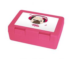 Brotdose mit Namen Mila und schönem Motiv - Mops mit Kopfhörer und Schleife für Mädchen | Brotbox rosa - Vesperdose - Vesperbox - Brotzeitdose mit Vornamen
