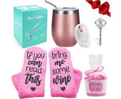 Weinbecher Edelstahl + Wein-Socken Geschenk, 12 oz Doppelwandiges Vakuumisoliert Weingläser mit Deckel und Strohhalmpinsel, Reisekaffeetasse für Wein, Getränke, Champagner, Cocktails (Roségold)