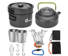 Odoland Camping Kochgeschirr Set 11-teiliges Outdoor Kochgeschirr mit Mini Gaskocher Tragbar Aluminium Topf 0.8L Teekessel 2 Tassen Faltbare Besteck Camping Kochset für Outdoor Picknick Wandern