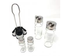 LS Kitchen - Essig und Öl Spender Set - 2 x 175 mL Glasflaschen und Metallhalterung mit Salz- und Pfefferstreuer - Edelstahl und Glas
