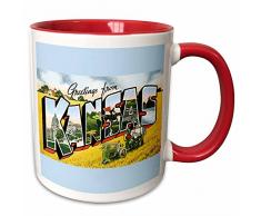 3dRose 170062_5 Grüße von Kansas Scenic Postkarte auf blauem Hintergrund, Keramiktasse, 325 ml, rot/weiß