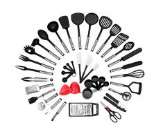 NEXGADGET Küchenhelfer Set, 42 Stücke Küchenzubehör Kochgeschirr Set aus Edelstahl & Nylon, Küchenutensilien Inkl. Löffel, Turners, Tongs, Schneebesen, Dosenöffner, Schäler, Schaber, Messbecher usw.