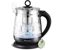 TurboTronic Glas Wasserkocher 100% plastikfrei, 1,5 Liter mit Edelstahl Kalkfilter, LED Beleuchtung und Temperaturwahl, BPA Free