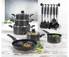 BEEM 17-tlg. Multi-Star Topfset Aluminiumguss Kochgeschirr mit 28cm Bratpfanne und Küchenhelferset Grau