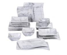 MALACASA, Serie Flora, 26 tlg. Marmor Porzellan Geschirrset Kombiservice Tafelservice im klassischen Design mit je 6 Schalen, 6 Dessertteller, 6 Suppenteller, 6 Speiseteller und 2 Rechteckigen Platten