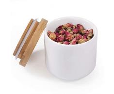 77L Keramik Vorratsdose, 180ML (6.08 FL OZ) Luftdichte Lebensmittelaufbewahrung Kanister mit Aufbewahrungstasche und Holzdeckel, Tragbare Keramik Vorratsdose für Gewürz, Kaffee und mehr (Weiß)