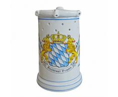 Geschenkbox Lochkrug Zauberkrug Maßkrug Bierkrug Vexierkrug aus Porzellan mit Bayernwappen, Löwen und Fahnen, 760 ml