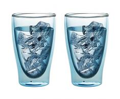 Levivo doppelwandiges langes Thermoglas 400 ml, ideal als Kaffeeglas oder Teeglas, mundgeblasene Thermo-Gläser, hitzebeständig, handgefertigt, kratzfest und spülmaschinengeeignet, 2er-Set, blau