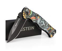 Burgstein® Outdoor Messer „Skull n‘ Roses“ mit Tattoo-Griff, Handliches Taschenmesser, Einhandmesser