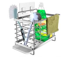 Orimade Spülbecken Caddy Organizer Utensilien Korb für Küche & Badezimmer mit Abflusspfanne, Klebstoff und Arbeitsplatte, Dual-Use Schwamm Bürste Seifenschale Halter SUS304 Edelstahl