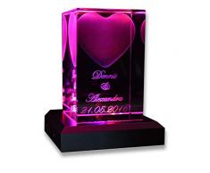 VIP-LASER 3D Glas Kristall Quader XL Herz mit Zwei Wunschnamen + Datum im Hochformat, Beleuchtung:mit Color Leuchtsockel 5 LED Schwarz