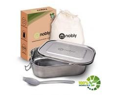 Nobly Edelstahlbrotdose - [1400ml] Brotdose mit Flexibler, herausnehmbarer Trennwand - inklusive Aufbewahrungsbeutel - mit praktischem Göffel