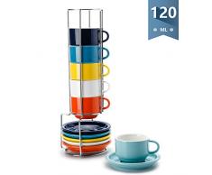 Sweese 405.002 6-teilig Stapelbare Espressotassen Set aus Porzellan, Kaffeetassen mit Untertasse und Metall Ständer, Bunte Serie, 120 ml