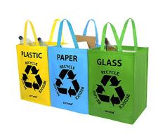 AMOS 3er Set Wiederverwendbare 53L Taschen mit Transportgriffen für Recycling Mülltrennsystem Abfalltrenner für Sortieren von Glas Plastik Papier