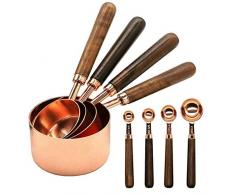 GuDoQi Messlöffel und Messbecher Set, 8 Stück, Premium Edelstahl Spiegel Poliert, 4 Holzgriff Messbecher, 4 Holzgriff Messlöffel, Perfekt für Trockene und Flüssige Zutaten Backen Küche (Roségold)