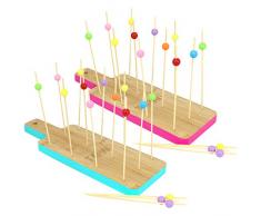 com-four® 32-teiliges Tapas Set aus Holz, Servierbretter und Holzspieße für Snacks, Fingerfood, Anti-pasti, Tapas, Käse, Obst und mehr (32-teilig - Eckig pink/blau)