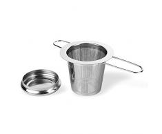 Schramm® Edelstahl Teesieb mit Deckel Abtropfschale Teefilter ideal für losen Tee passend für Tasse und Kanne mit langem Griff faltbar