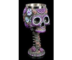 Figuren Shop GmbH Totenkopf Gothic Trink-Kelch mit lilafarbenen Rosen verziert - Twilight Blooms | Fantasy Wein-Kelch, handbemalt