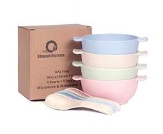 shopwithgreen Kinderschüsseln Unzerbrechliche kinderschalen Weizenstroh Nudel Suppen Schüssel - Natürliche Umweltfreundlich- Unterstützung Mikrowellen - 420ml 4 Schüsseln und 4 Löffel, (14 Unzen)
